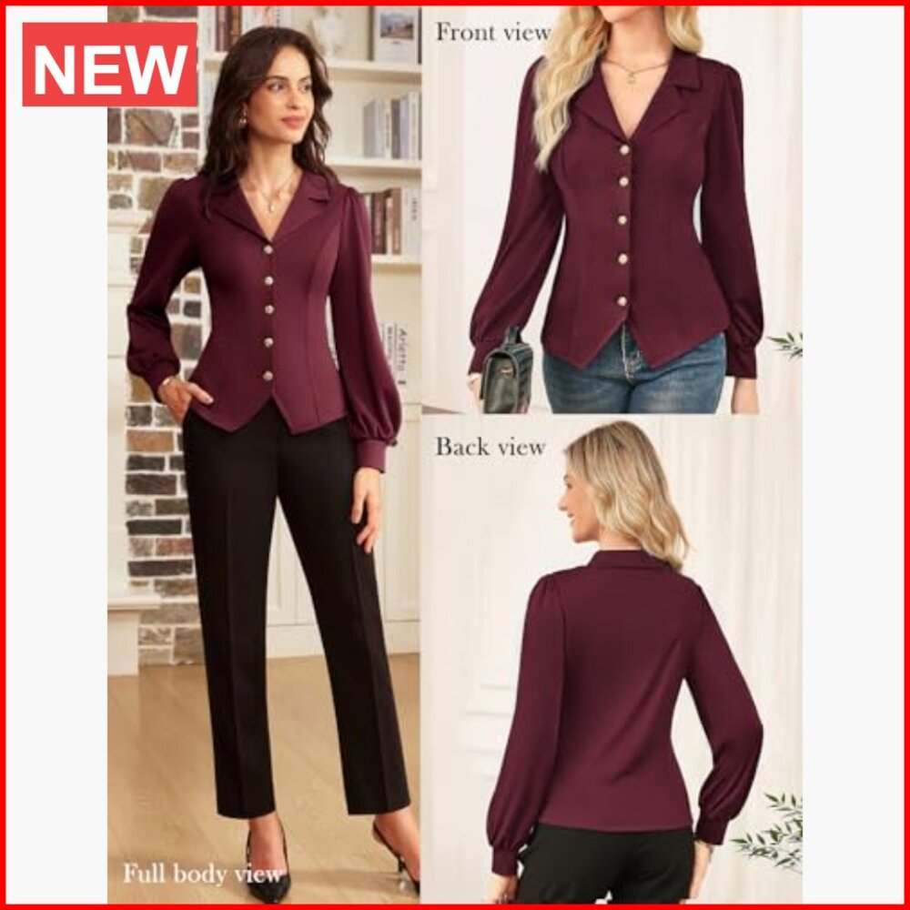 Polyester Blend V-Neck Button Down Blouse with La… - image 2